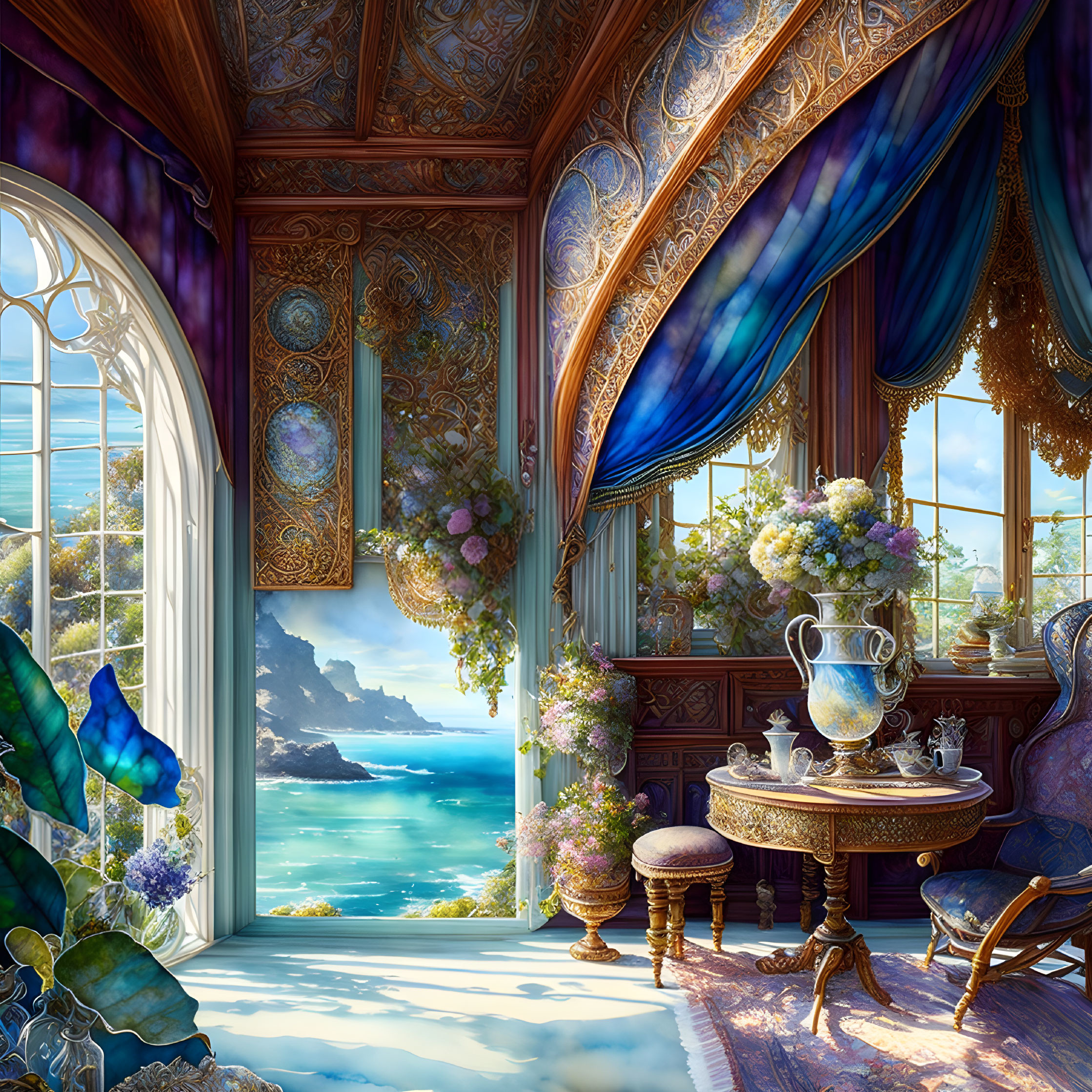 Vintage Room with Ornate Decor, Sea View, Flowers, Classical Furniture, Blue Draperies