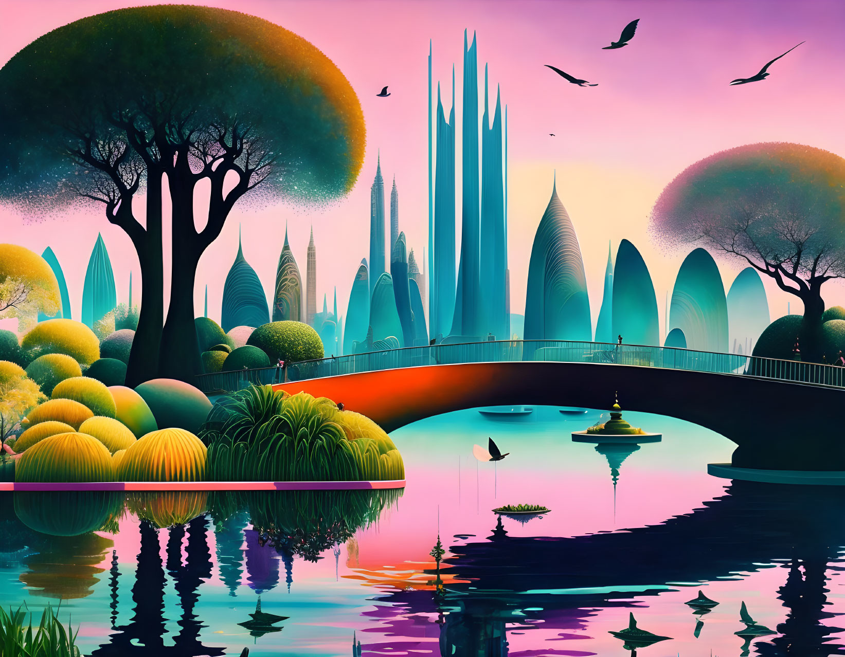 Surreal autumn landscape with futuristic buildings, bridge, and birds