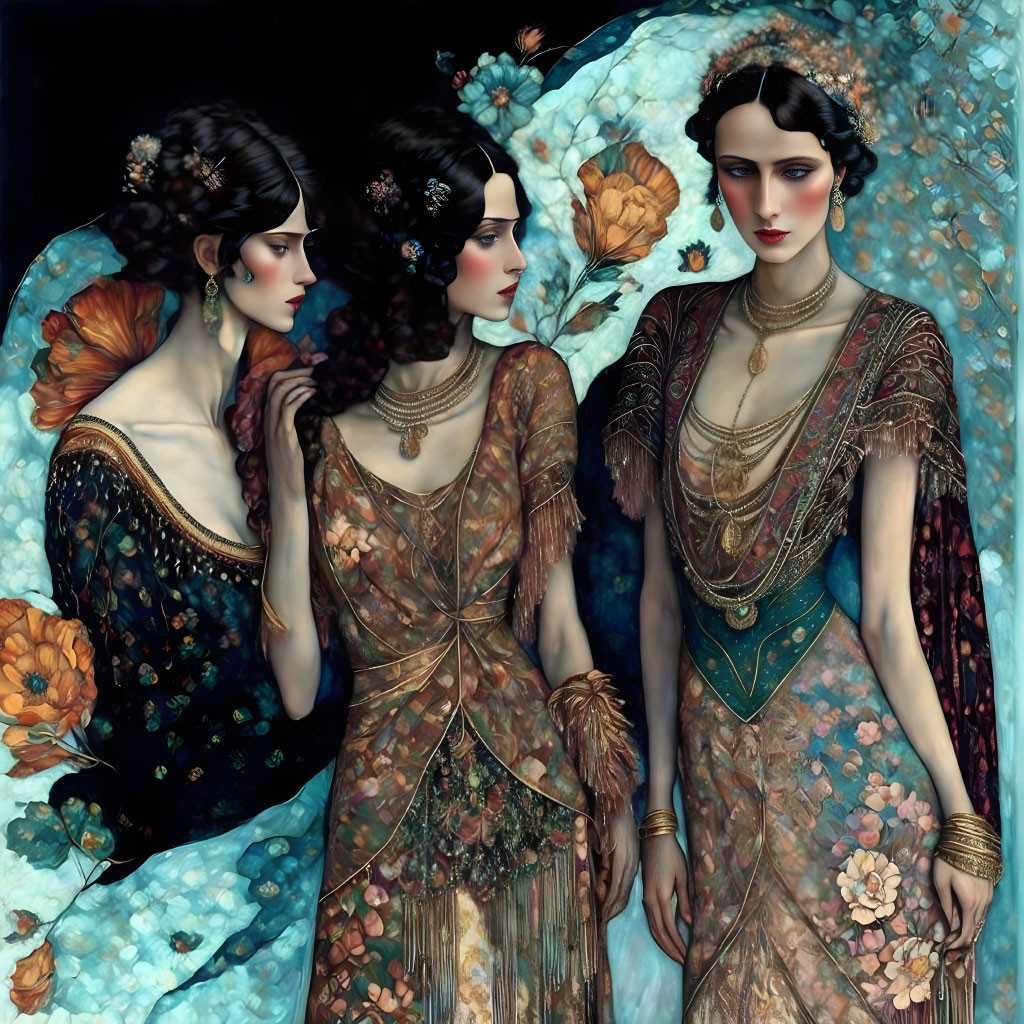 Ornate Vintage Dresses with Floral Patterns on Three Women