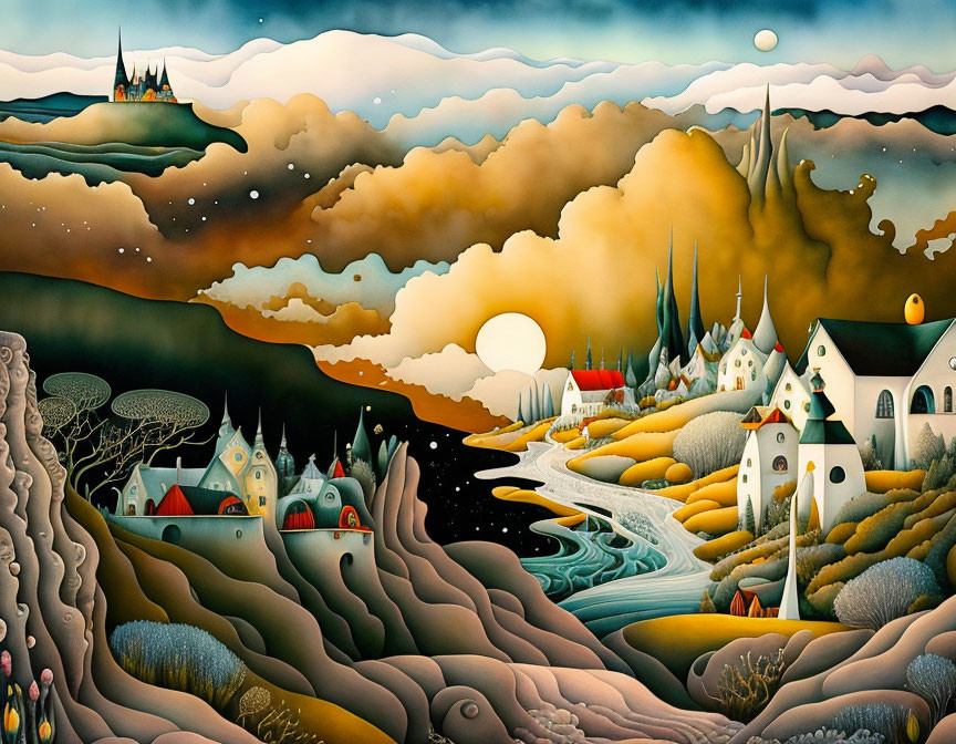 Vibrant surreal landscape with stylized houses, river, hills, and sky