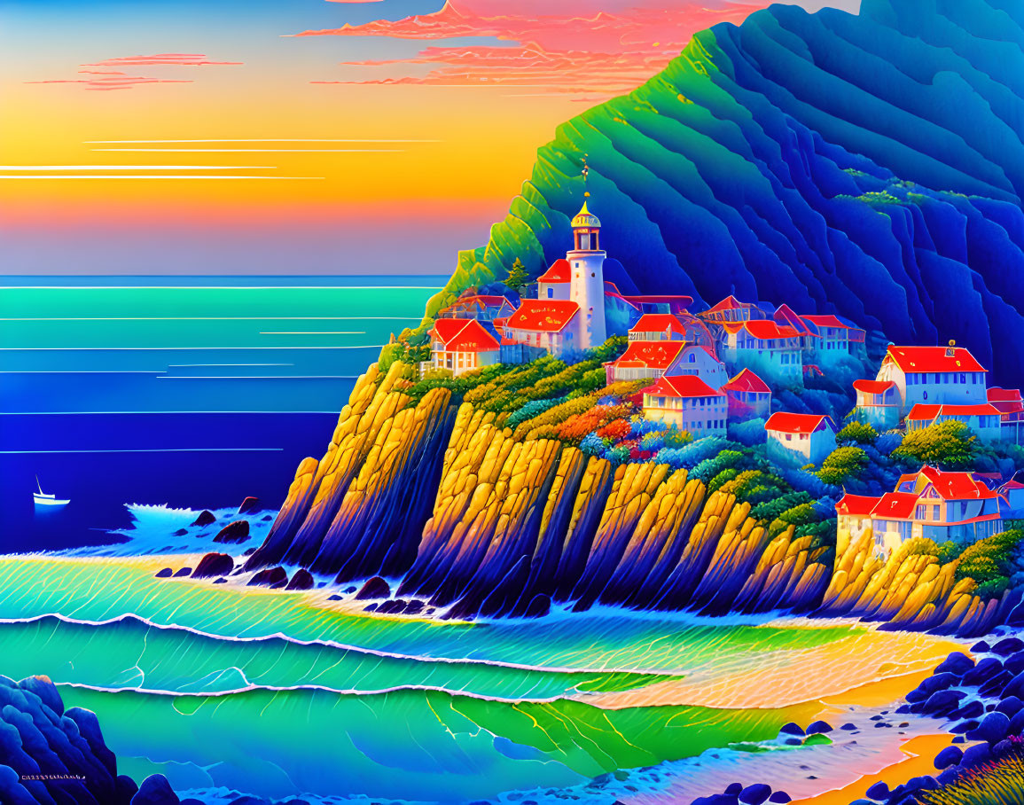 Scenic coastal landscape: lighthouse, colorful houses, boat, sunset.