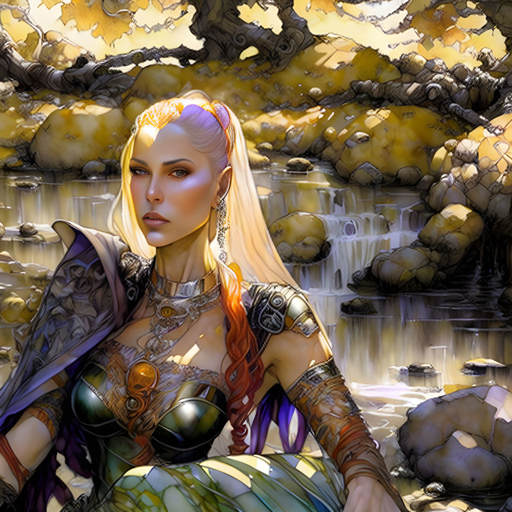 Fantasy elf woman in ornate armor by serene waterfall