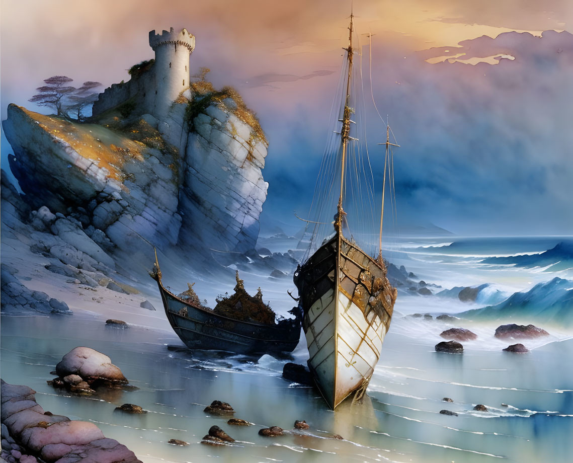 Shipwreck on misty shore with crashing waves and distant castle atop cliff