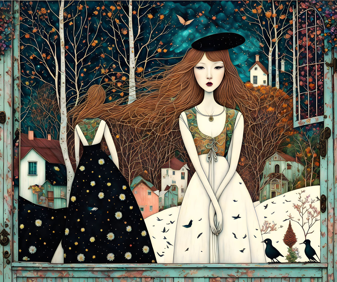 Whimsical art: Woman in white dress with flowing hair in fantastical forest