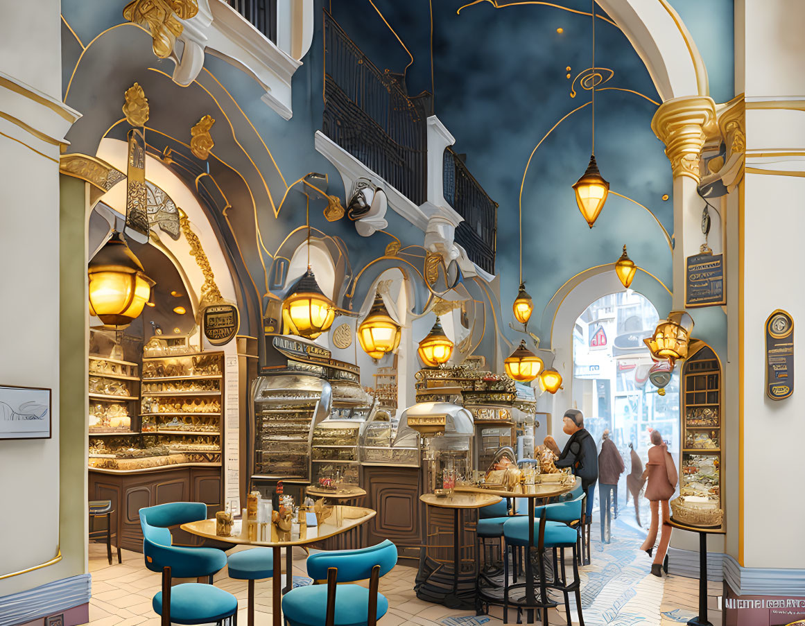 Celestial-themed bakery with golden decor and painted night sky