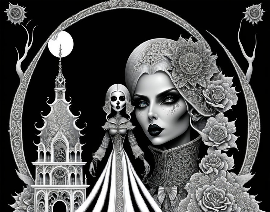 Monochromatic gothic illustration of woman with floral patterns and skull in decorative circle