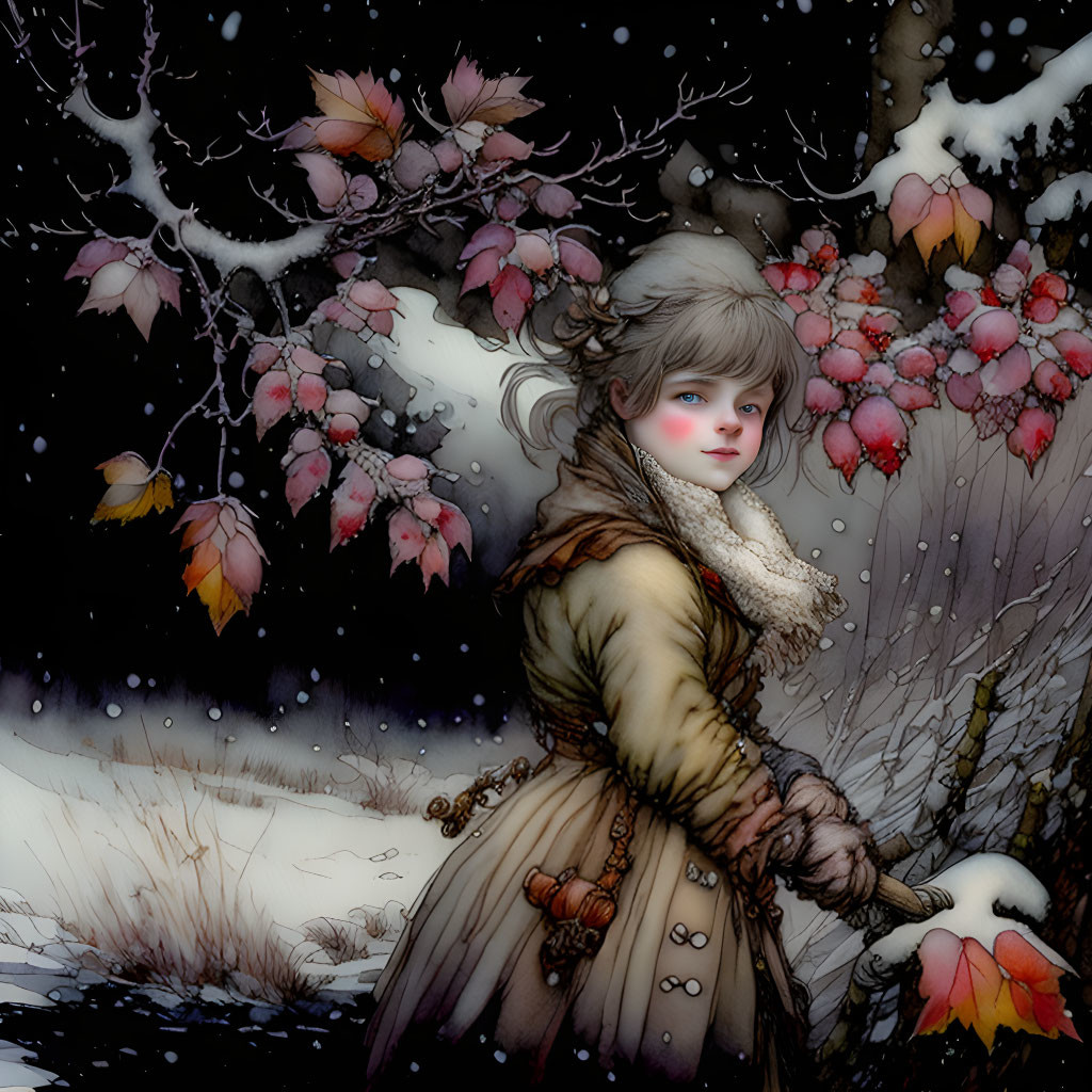 Vintage-clad girl by snow-covered tree in serene winter scene