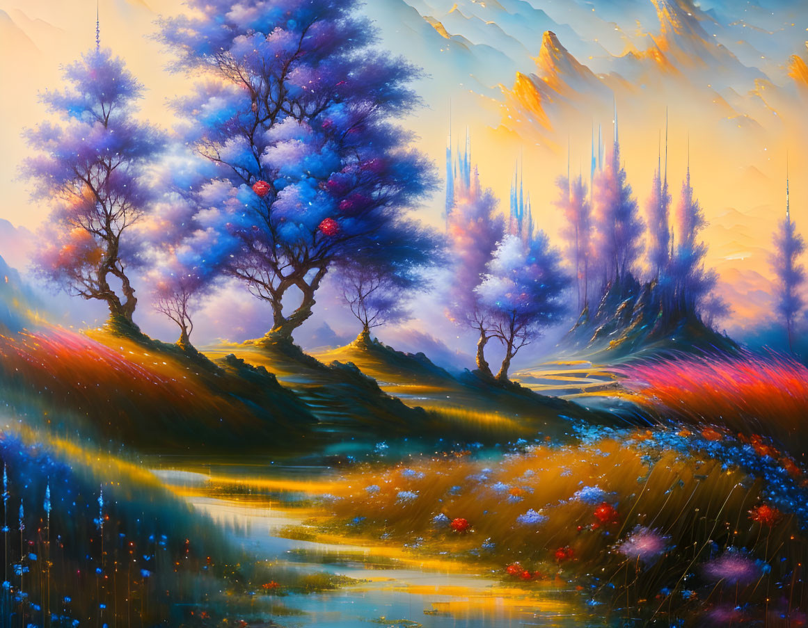 Vibrant fantasy landscape with luminescent trees and colorful flora