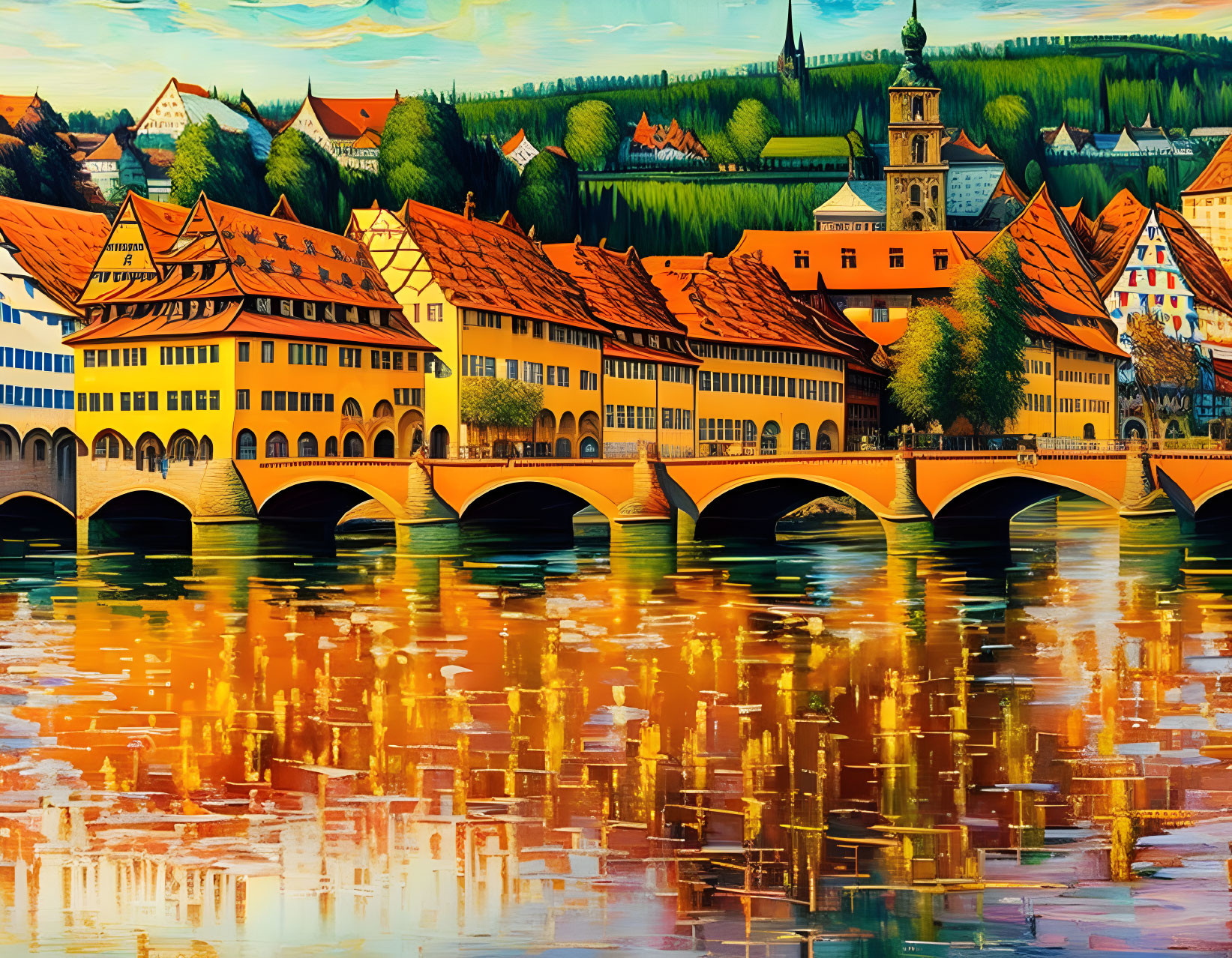 Scenic painting: vibrant town, multi-arched bridge, green hills, clear sky