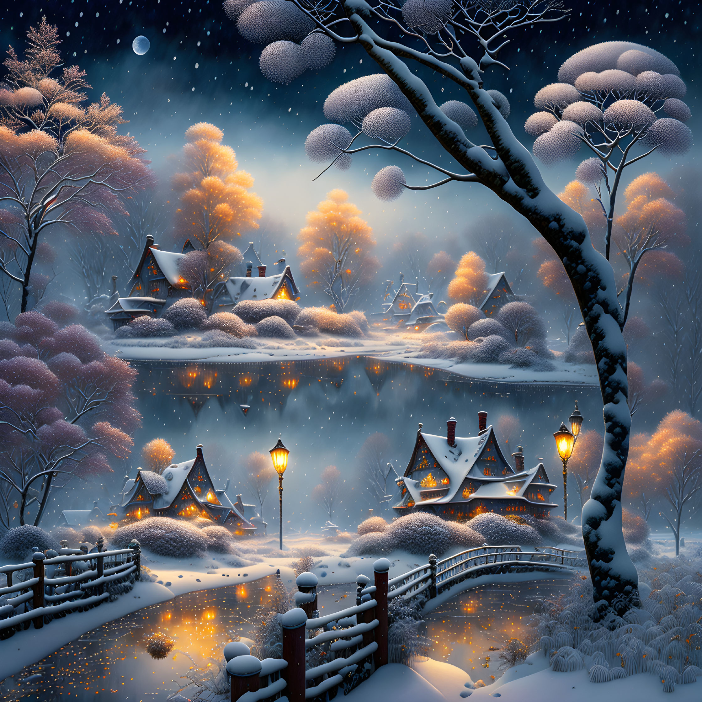 Snow-covered houses by a lake under starlit sky