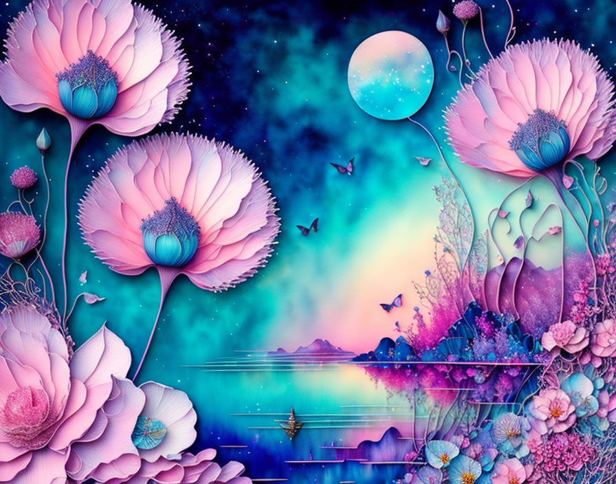 Colorful digital artwork: Pink flowers, butterflies, fantasy landscape