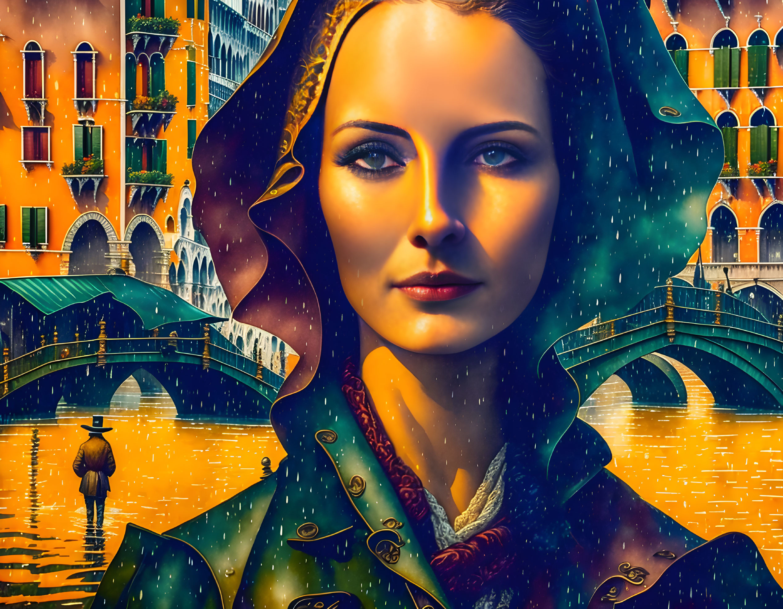 Digital artwork: Woman's face blends with Venetian background.