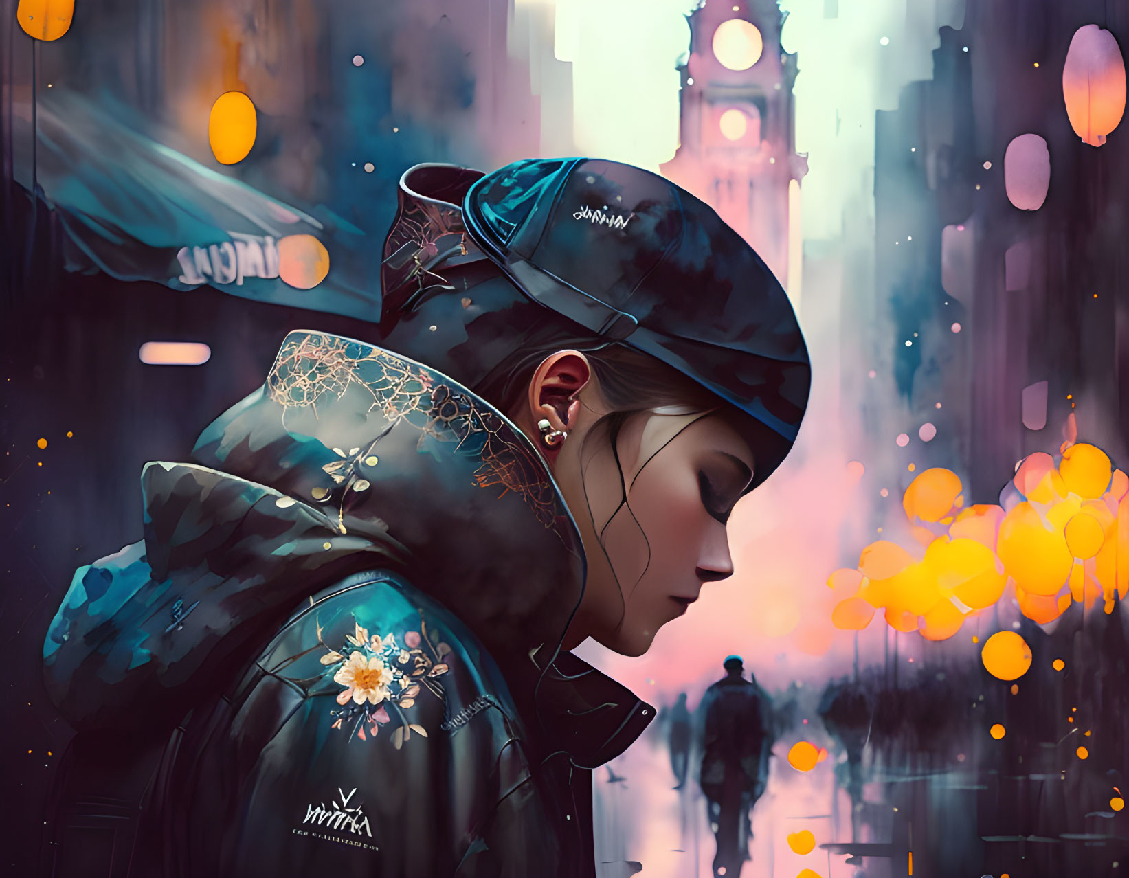 Digital artwork: Young person in floral helmet and jacket against cityscape