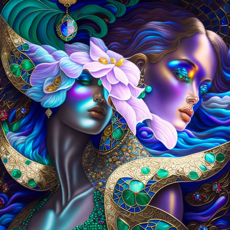 Colorful digital artwork: Two women with iridescent skin, exotic jewelry, and flowers on intricate