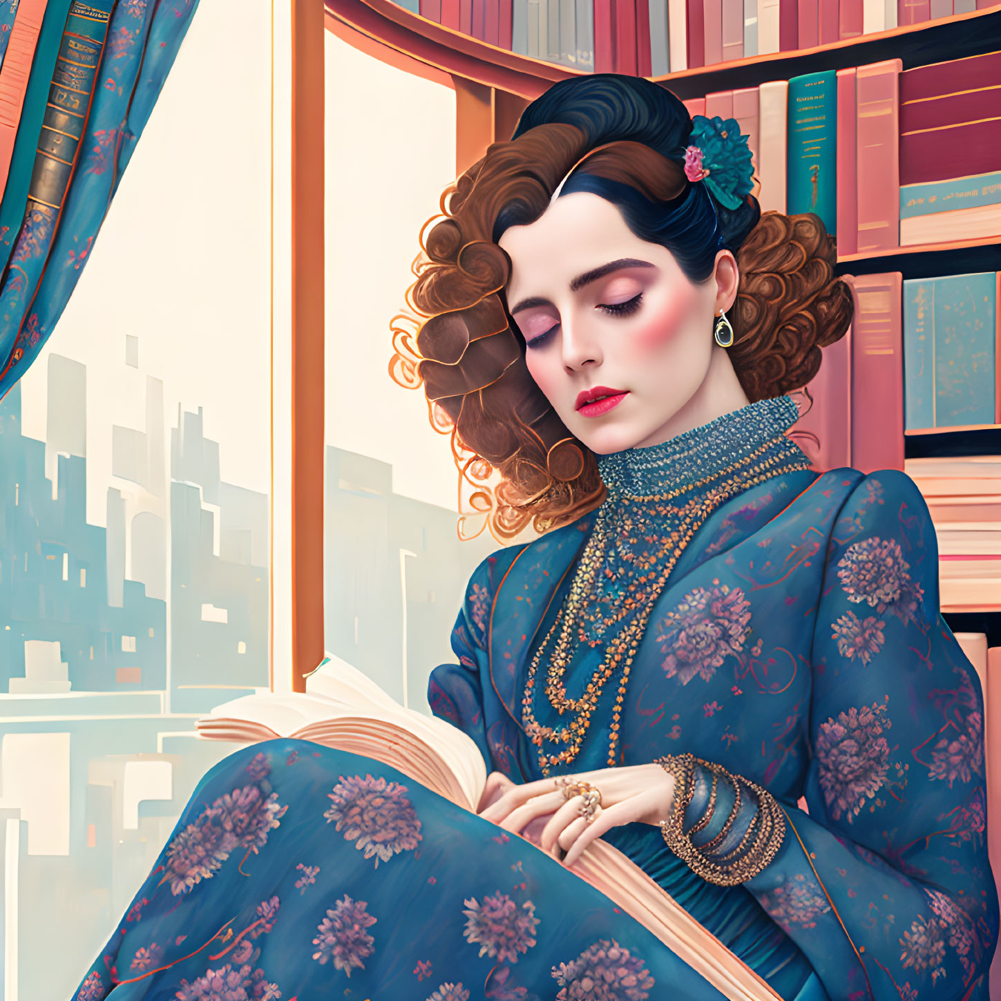 Curly-haired woman reading book by window with city view, wearing blue outfit and gold jewelry.