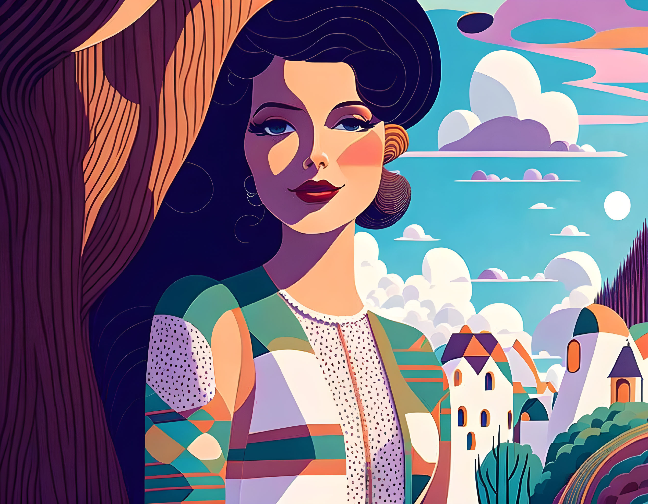 Dark-haired woman in vibrant landscape with stylized elements.