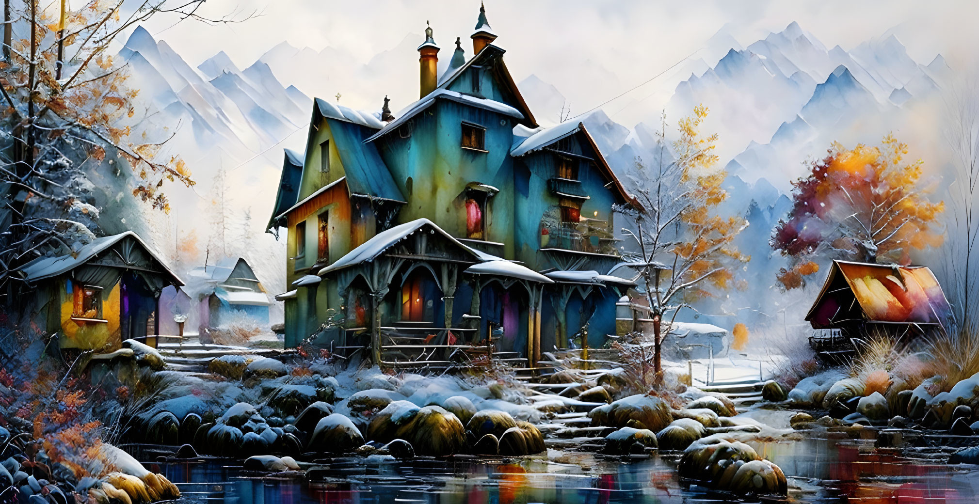 Colorful Multi-Story Cottage in Whimsical Winter Landscape