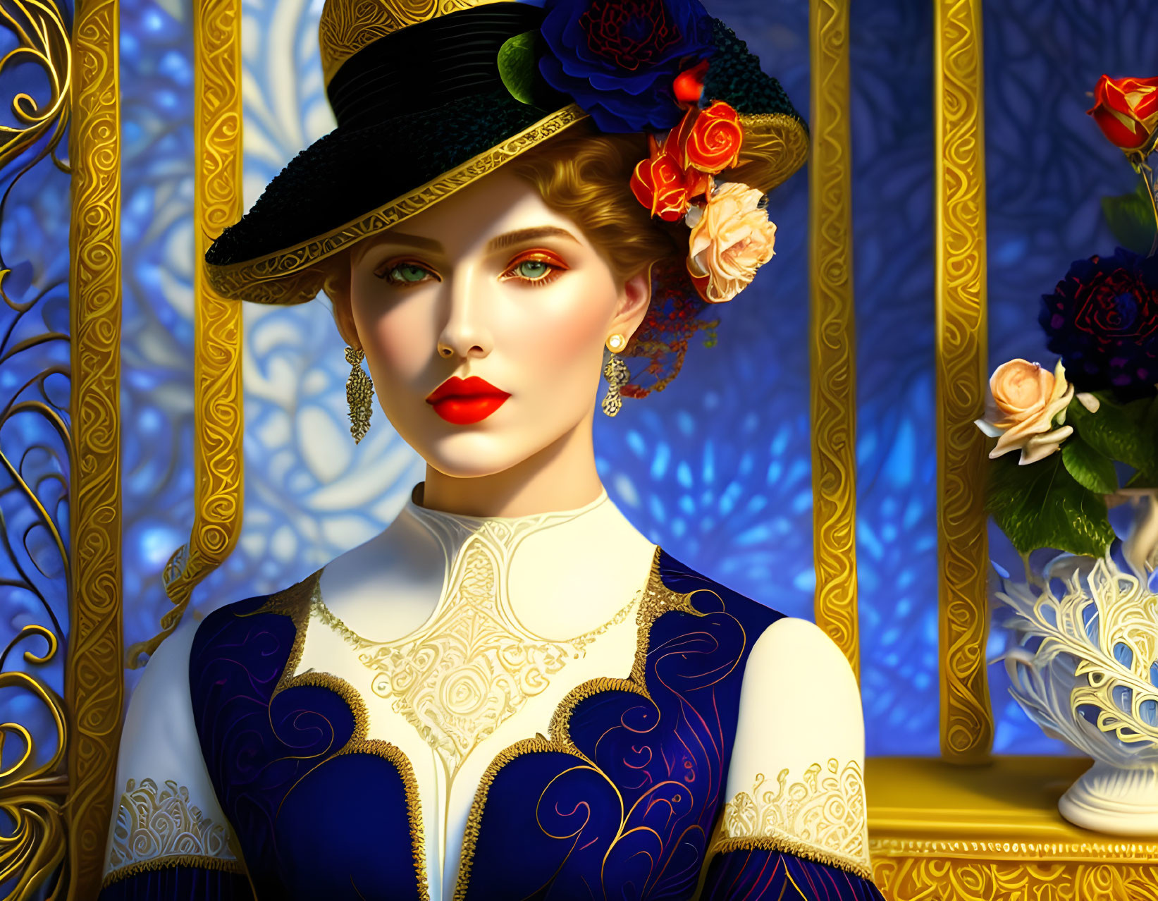 Victorian-style woman digital artwork with floral hat and blue dress