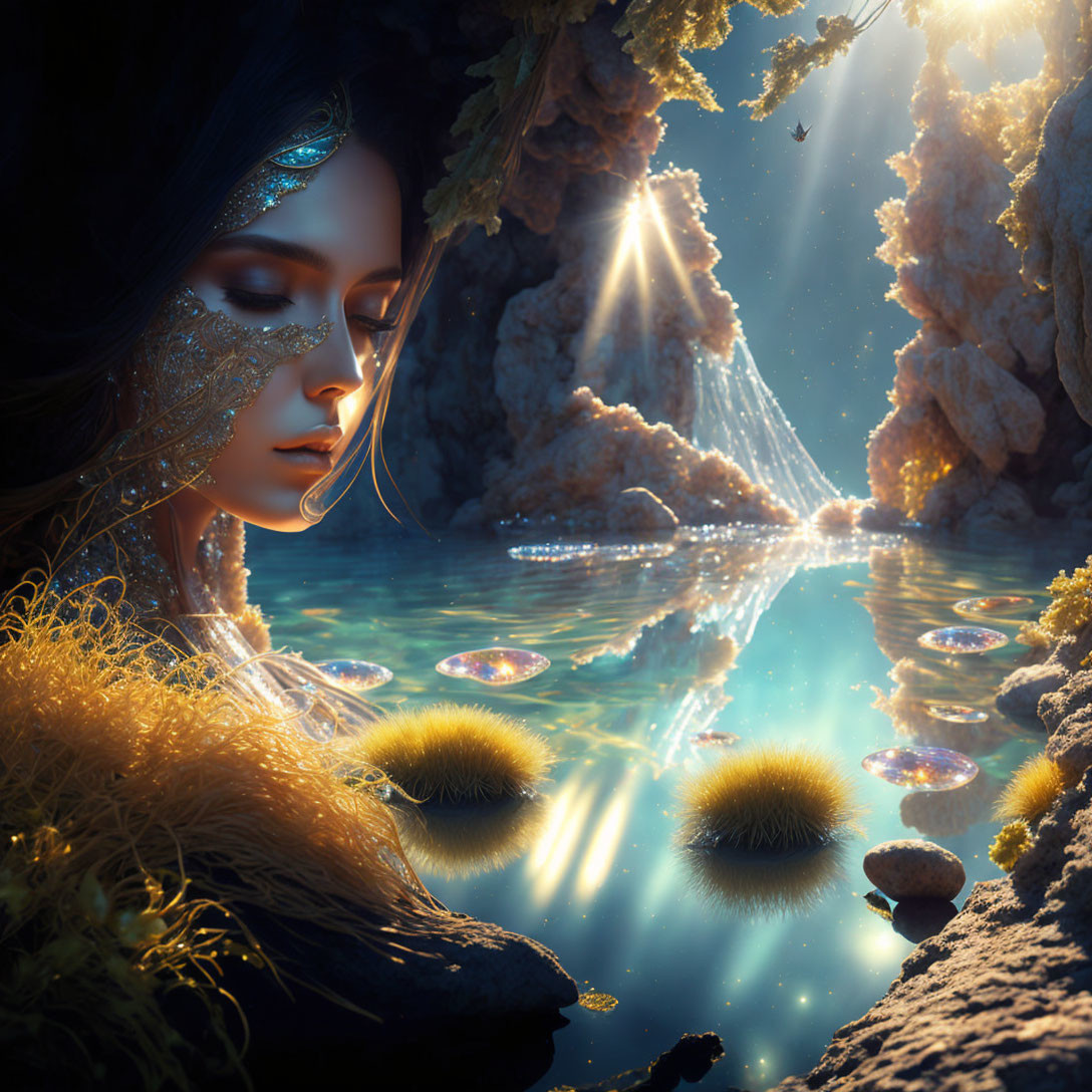 Fantasy scene: Woman with facial jewelry, sunlight on tranquil water with floating orbs