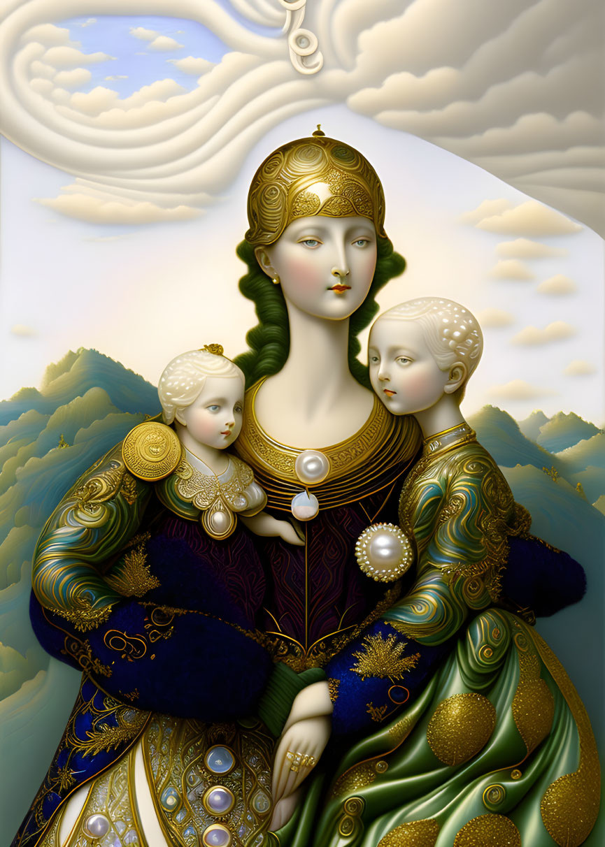 Surreal artwork featuring woman, children, ornate headdress, jewels, clouds, hills