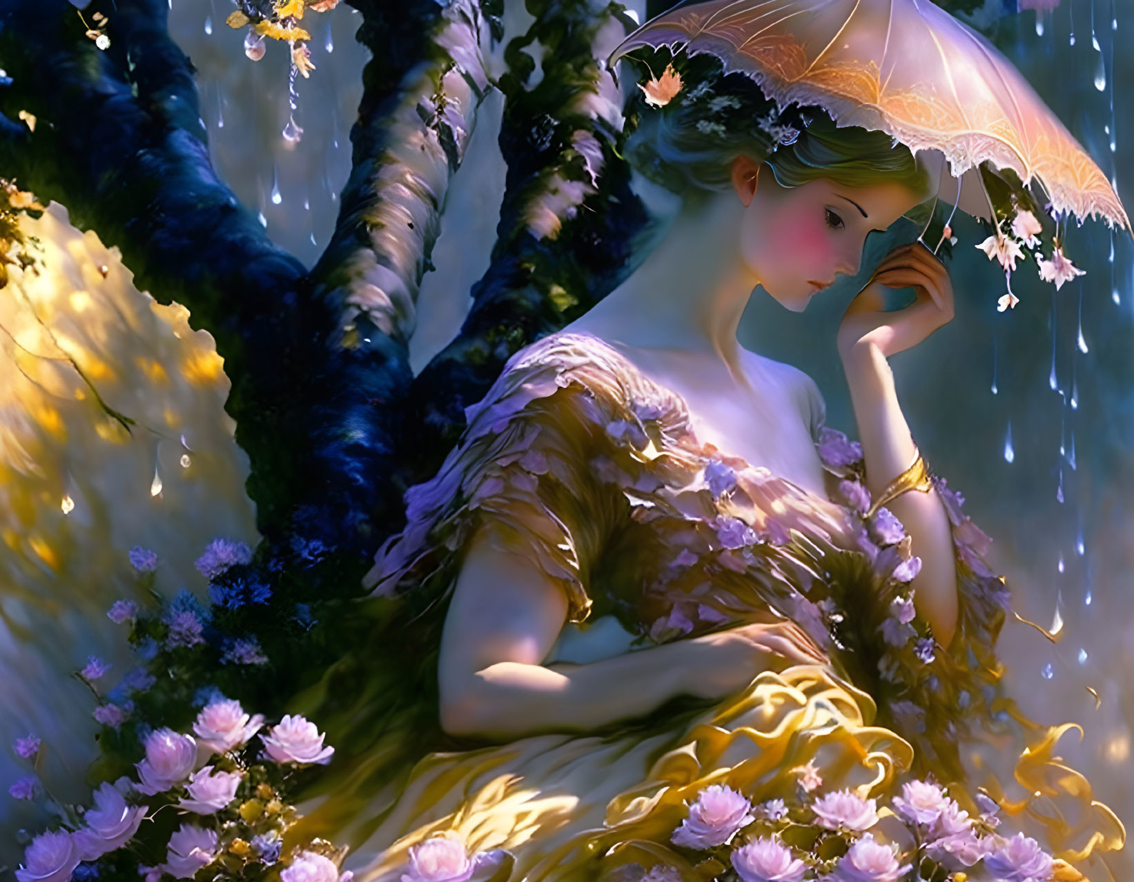 Ethereal woman in vintage dress with parasol among blooming trees