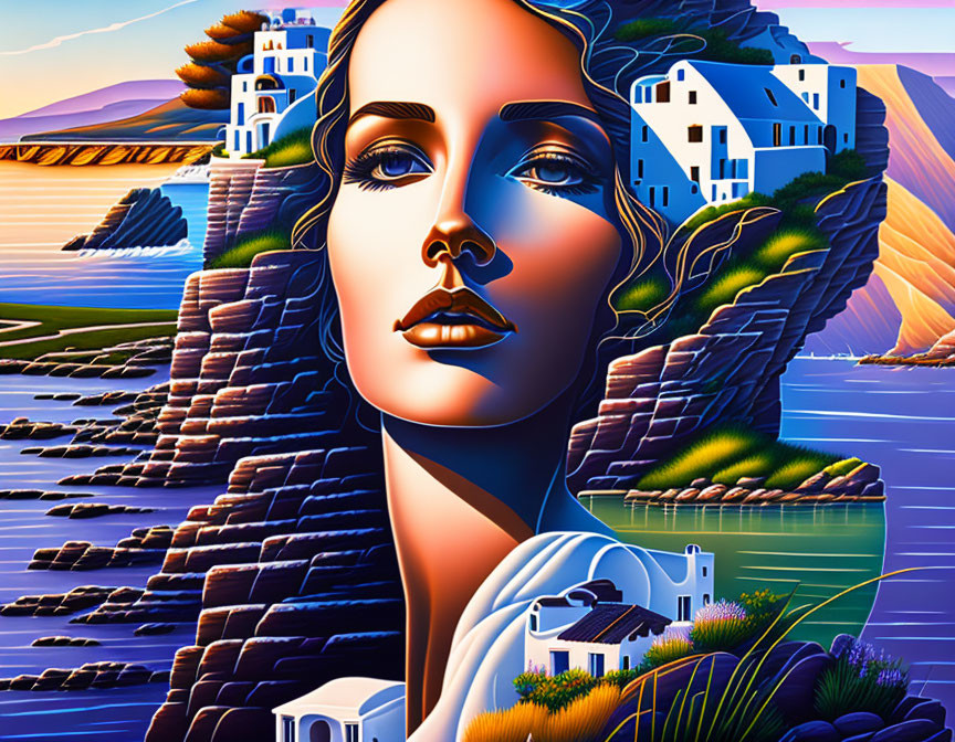 Illustration of woman's face merged with coastal landscape cliffs and buildings