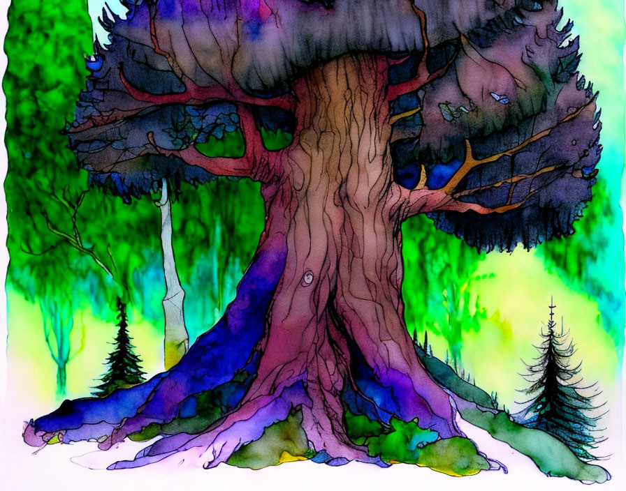 Colorful watercolor painting of whimsical tree with expansive roots and lush canopy