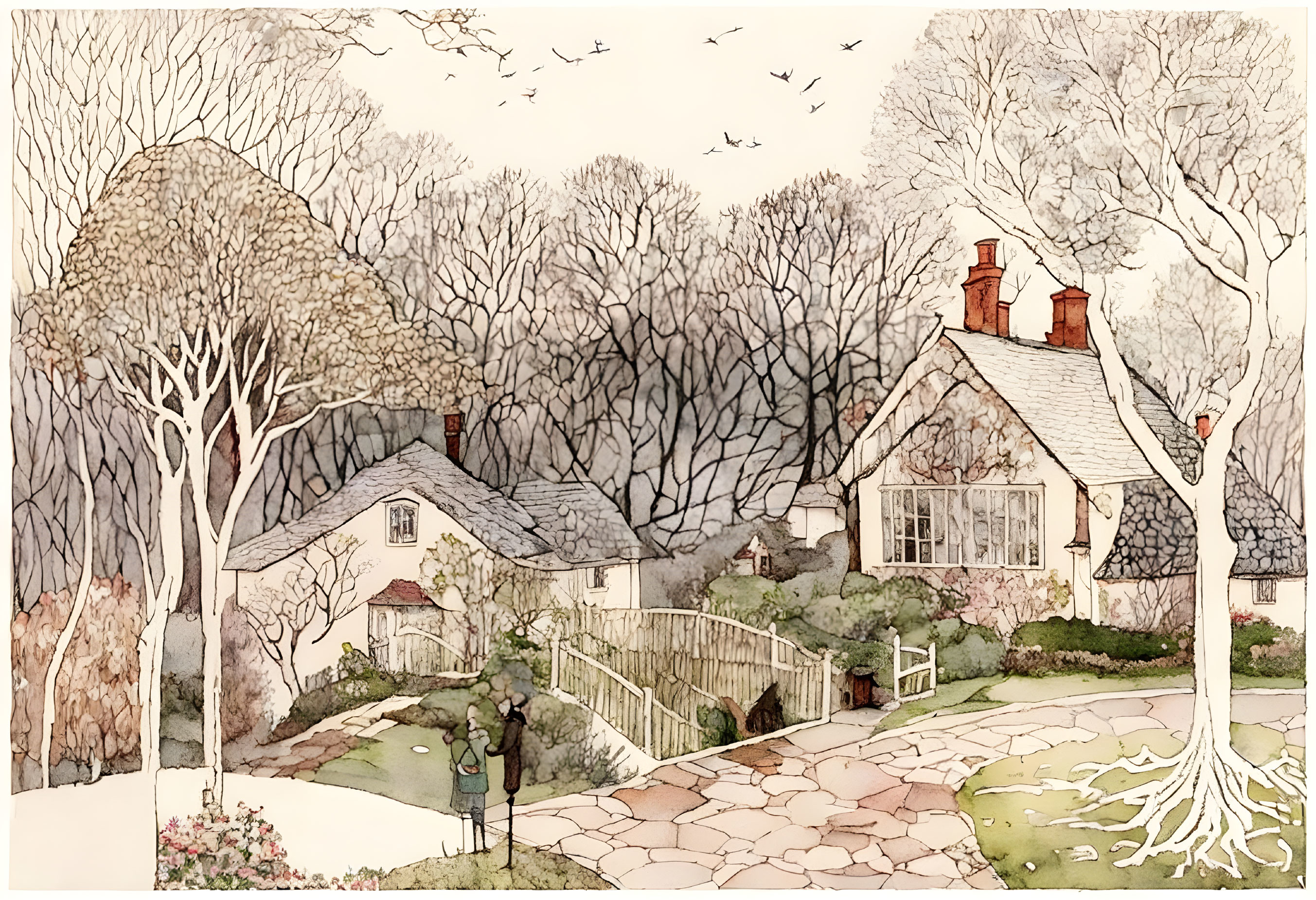 Tranquil watercolor village scene with cottages, trees, path, and birds