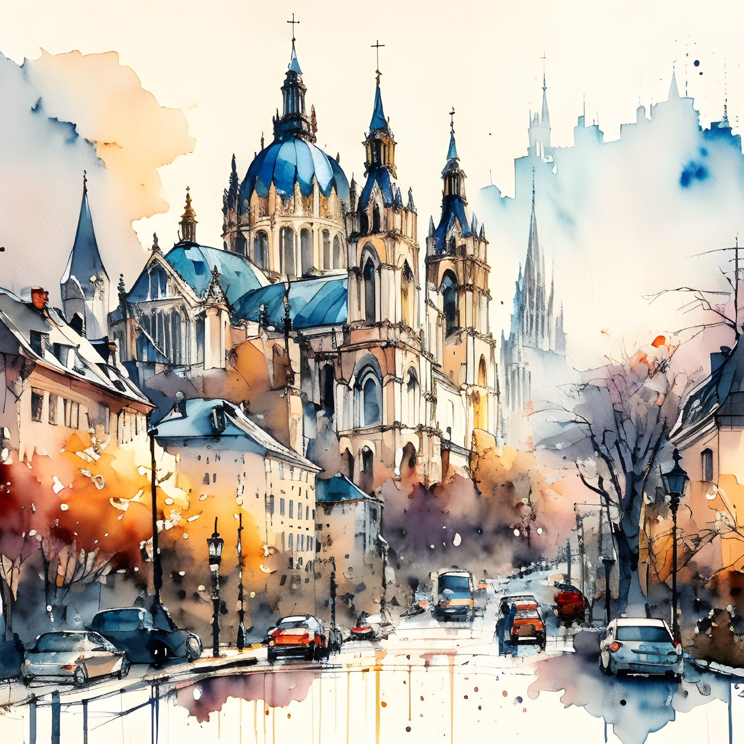 Historic cityscape watercolor painting with cathedral, streets, and foliage