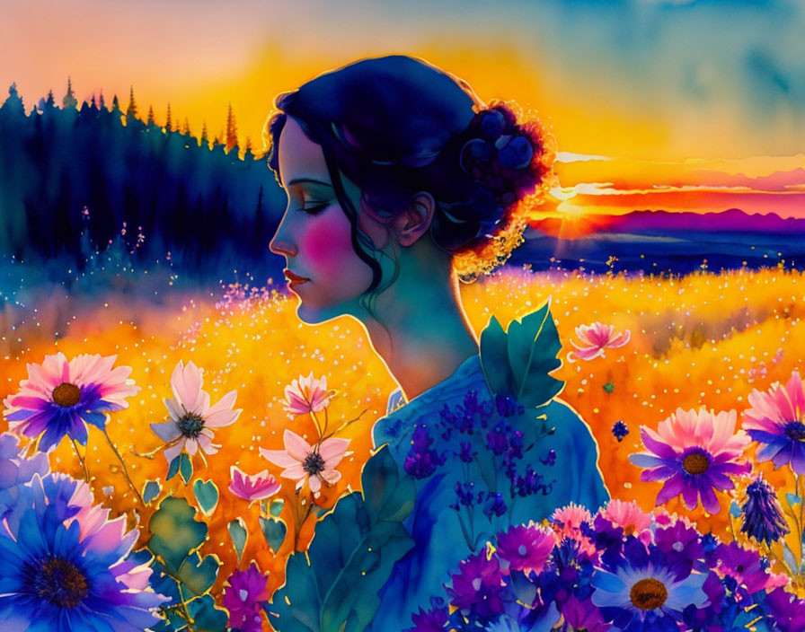 Illustrated woman in floral dress in vibrant flower field at sunset