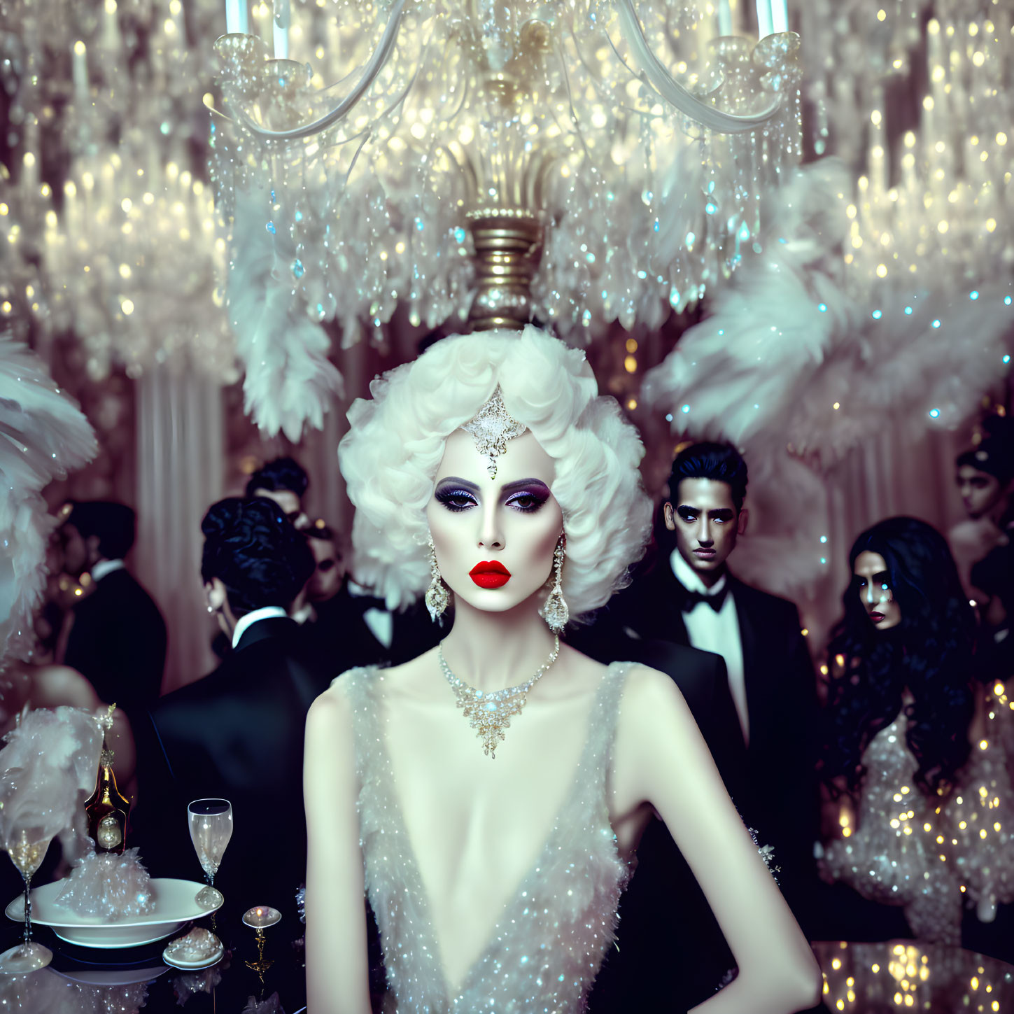 Elaborate white headpiece in glamorous ballroom setting