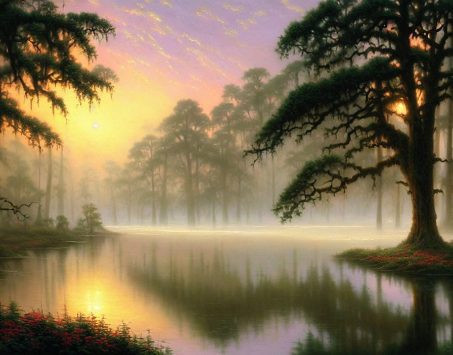 Tranquil sunset lake scene with mist, tree silhouettes, and warm sky