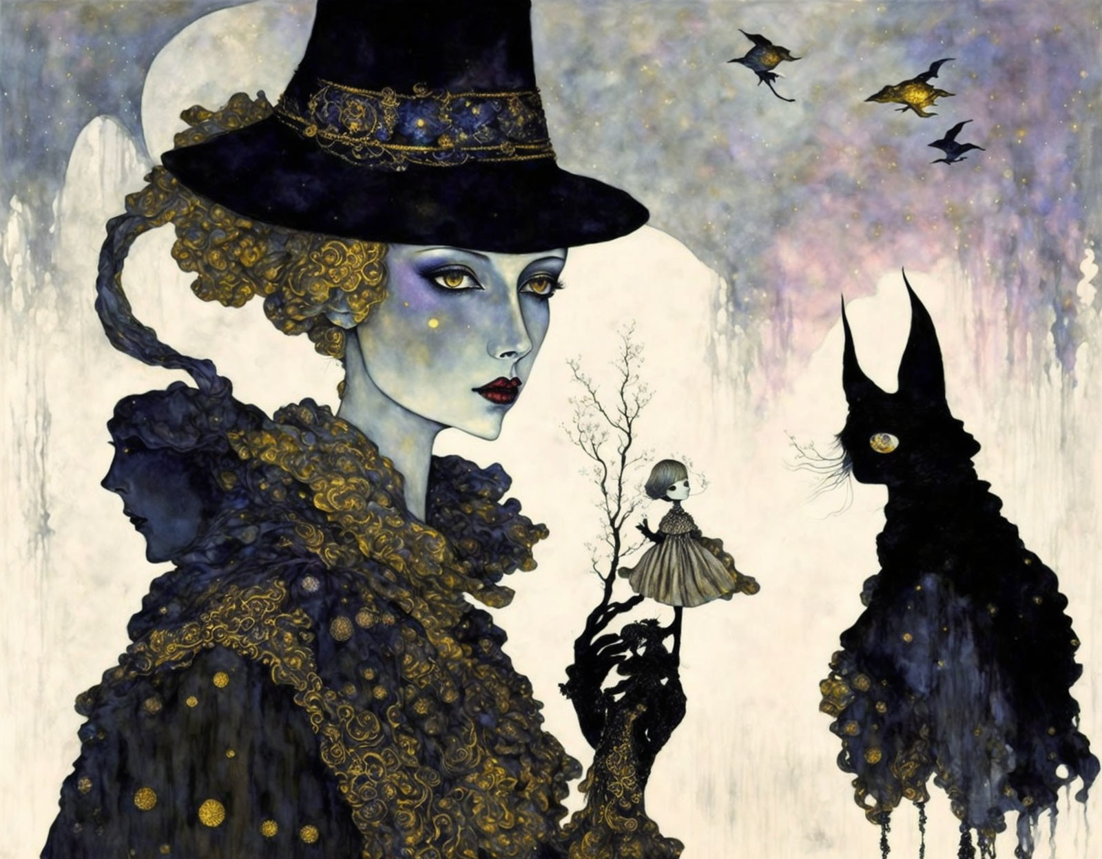 Whimsical pale woman, child, and black creature in stylized painting