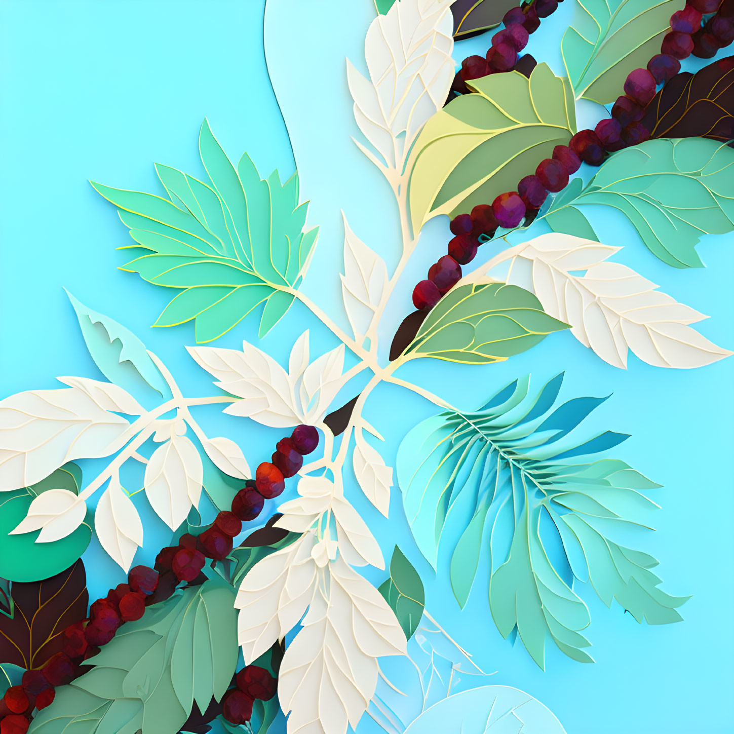 Colorful digital art: Paper-cut foliage and berries on teal background