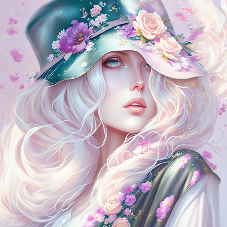 Portrait of woman with wavy white hair and pale blue eyes in floral hat with lights.