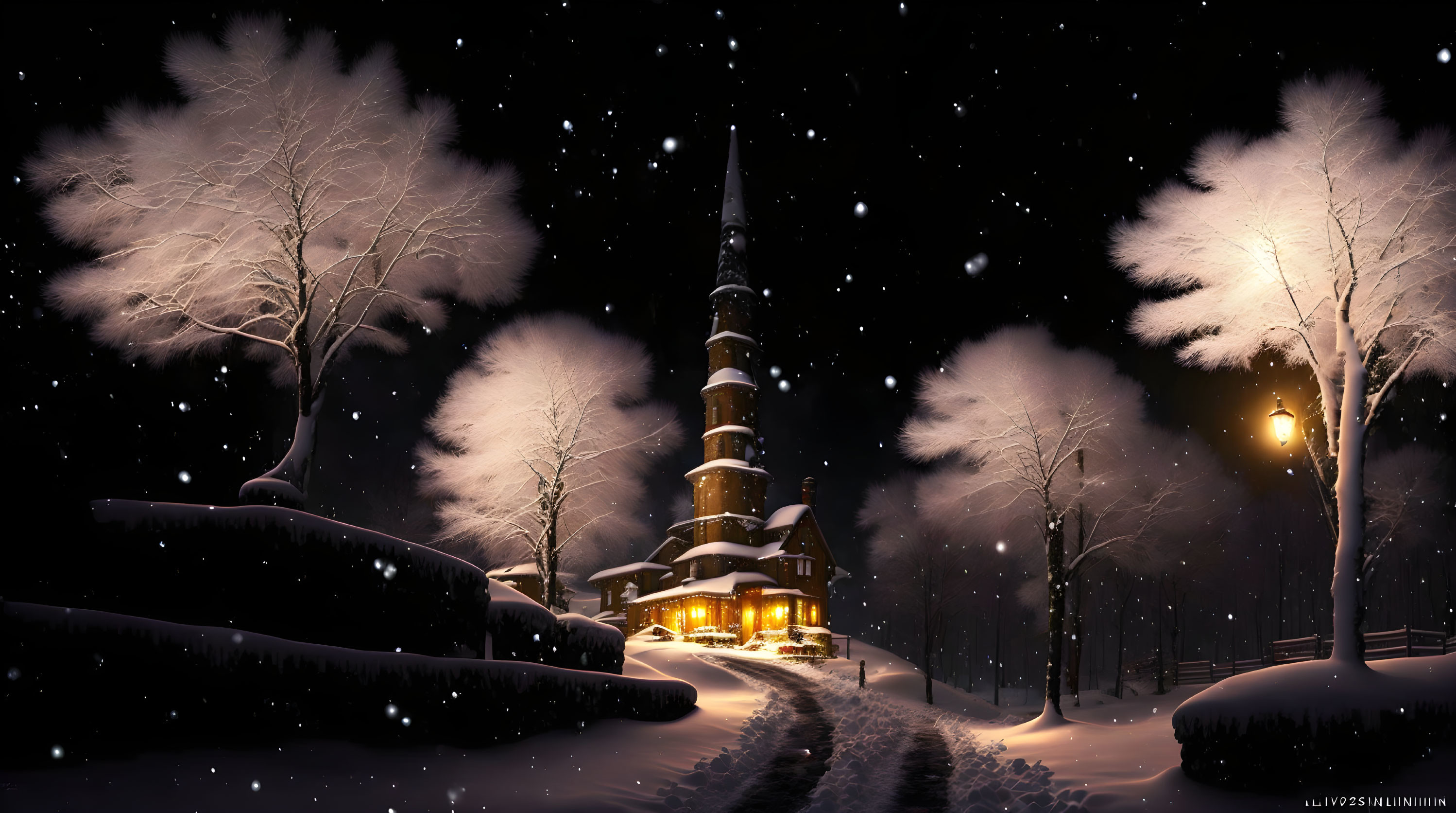 Snow-covered trees and glowing tower in serene winter night landscape