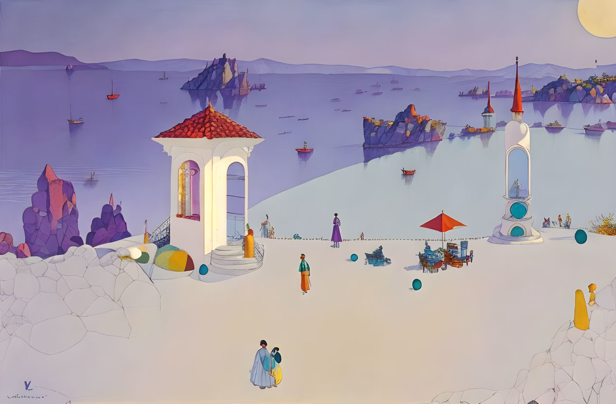 Ethereal painting of people in attire in coastal landscape