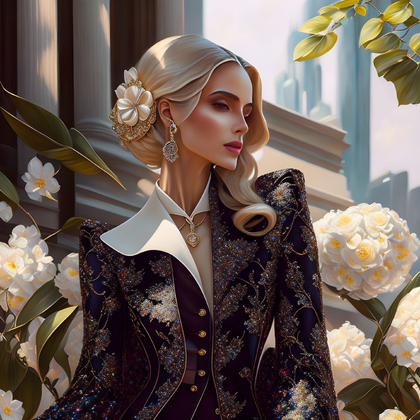 Blonde Woman in Floral Hairpiece & Sparkling Jacket on Architectural Background