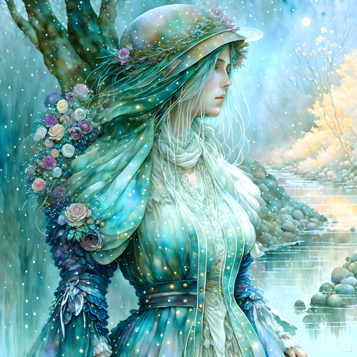 Ethereal woman in vintage hat and ornate coat in magical winter scene