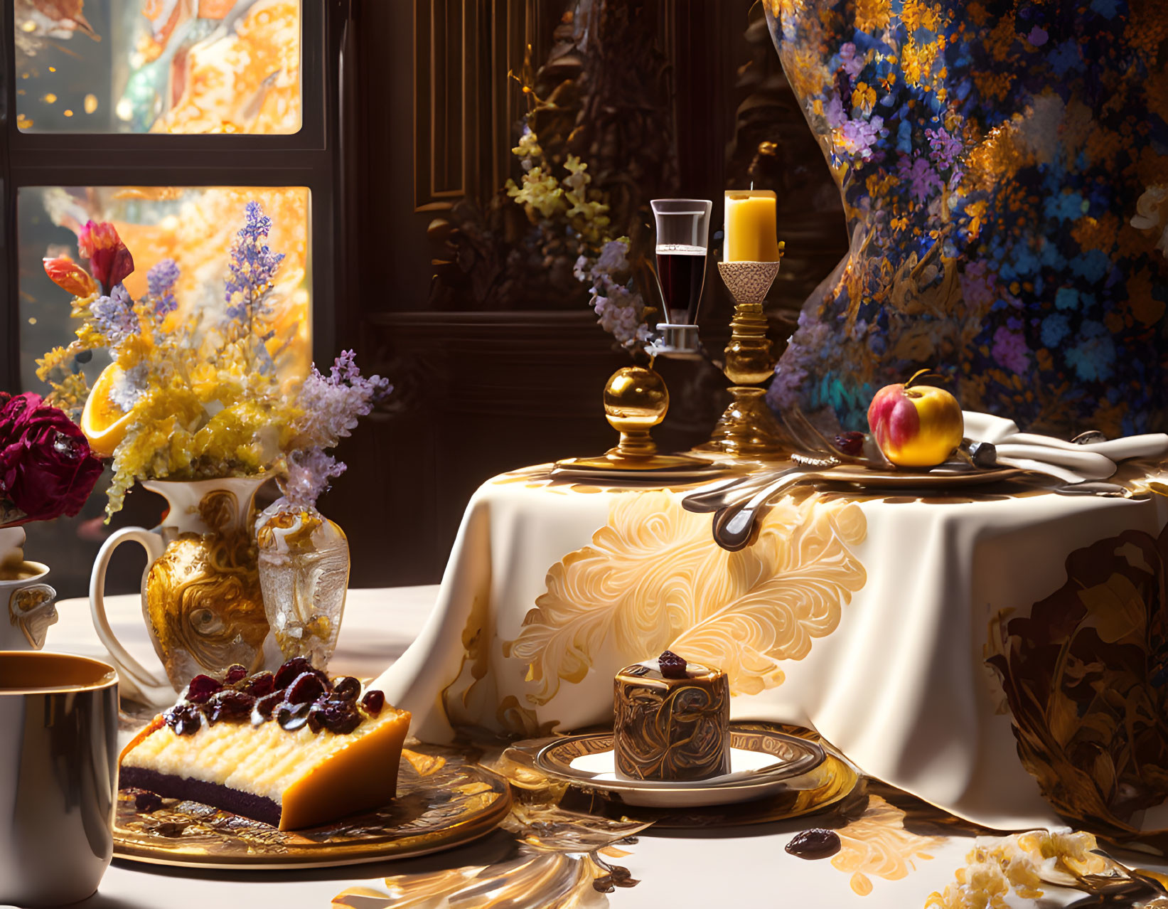 Luxurious Table Setting with Cheesecake Slice, Golden Utensils, Candle, Flowers, and