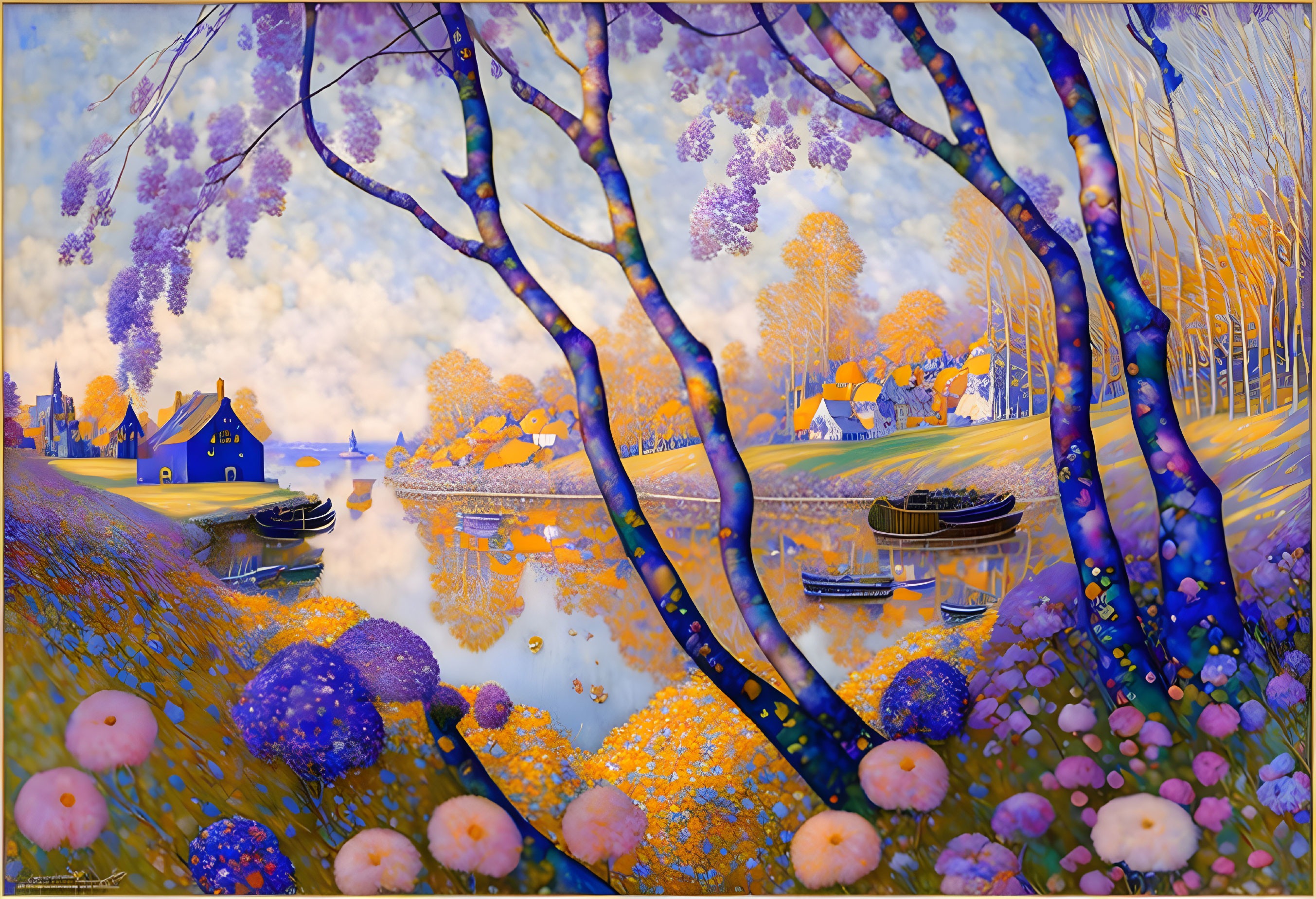 Colorful autumn landscape with purple trees, river, houses, and boats under golden sky