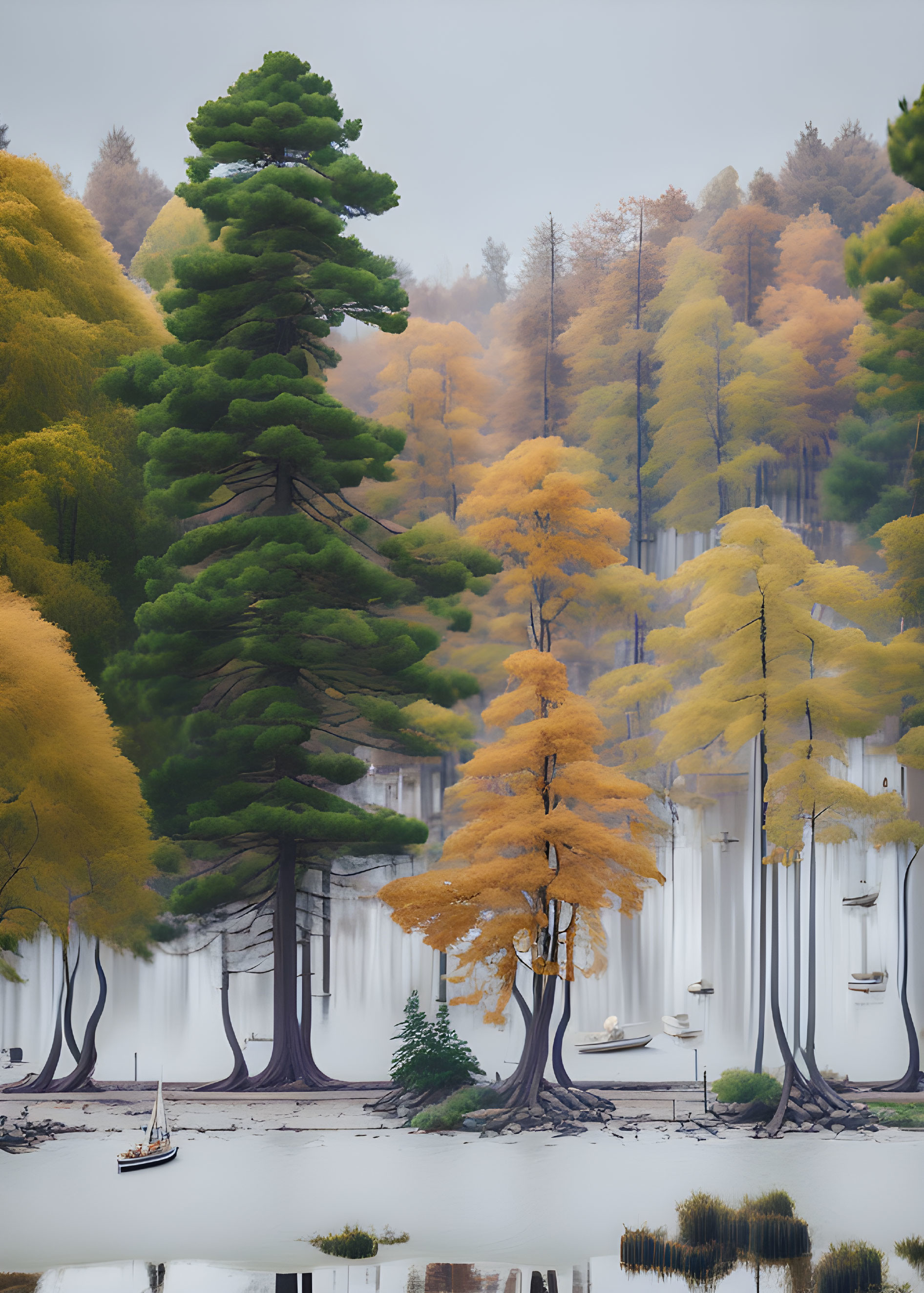 Tranquil Misty Lake Scene with Sailboats and Autumn Trees