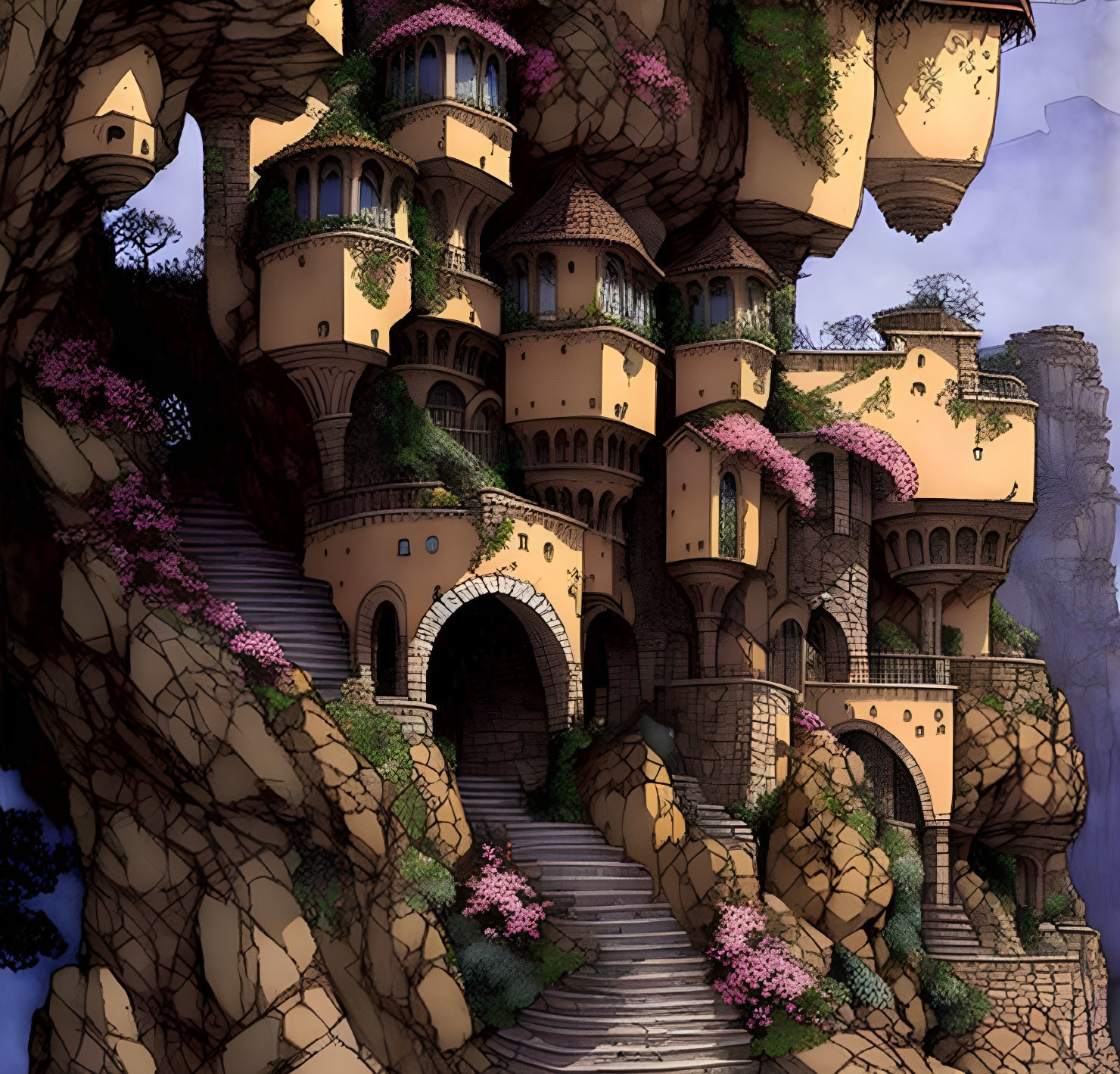 Cliffside village with terracotta-roofed homes and purple flowers