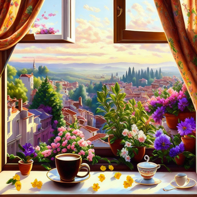 Vibrant window view artwork: coffee cup, village, hills, flowers