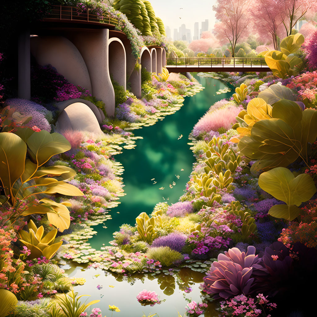 Serene garden illustration with river, bridges, flowers, leaves & city skyline