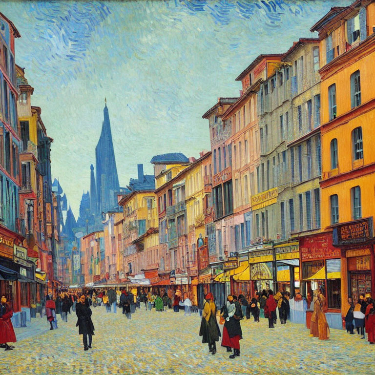 Impressionist-style painting of bustling old city street