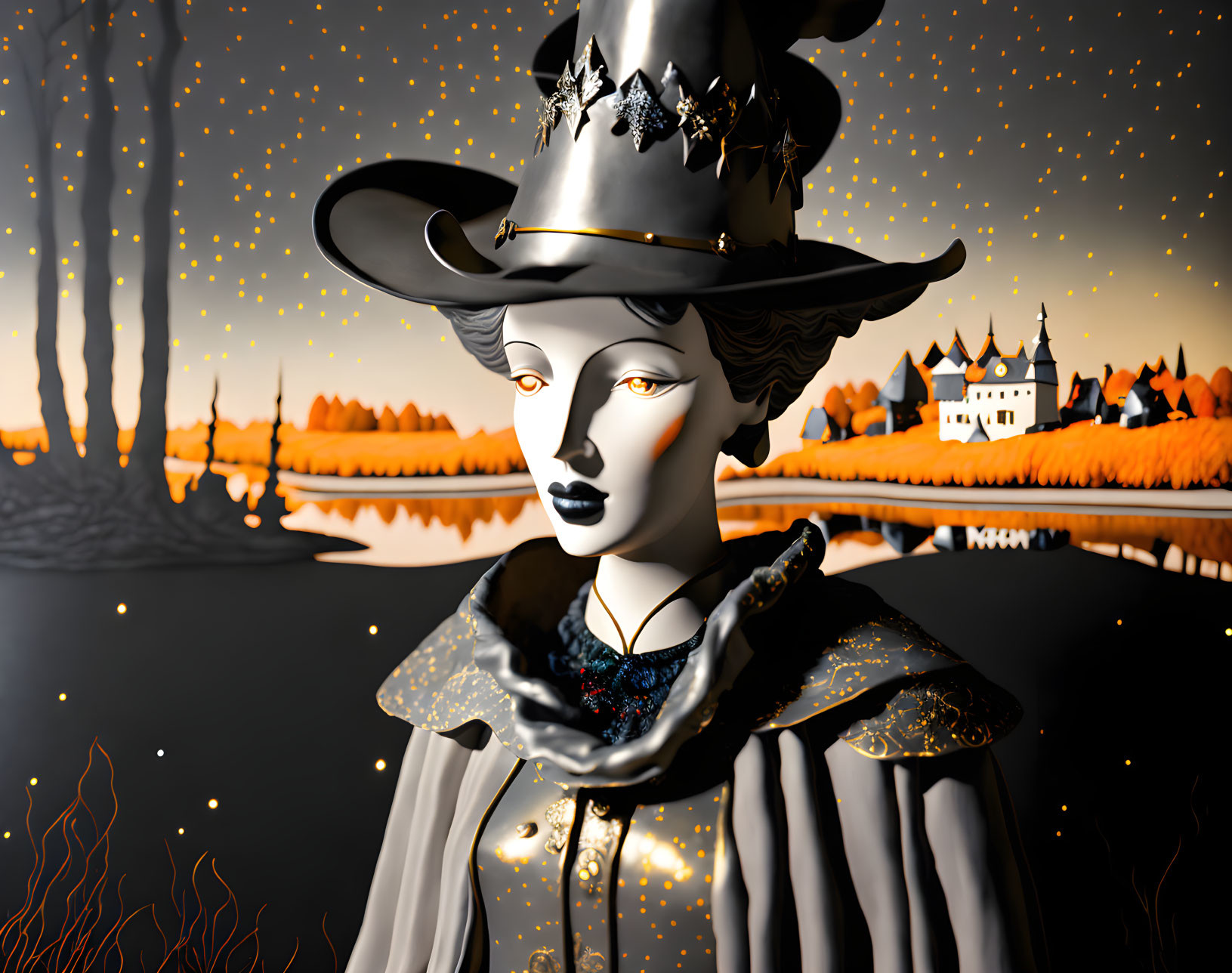 Metallic witch-like figure in hat with forest silhouette against autumn landscape.