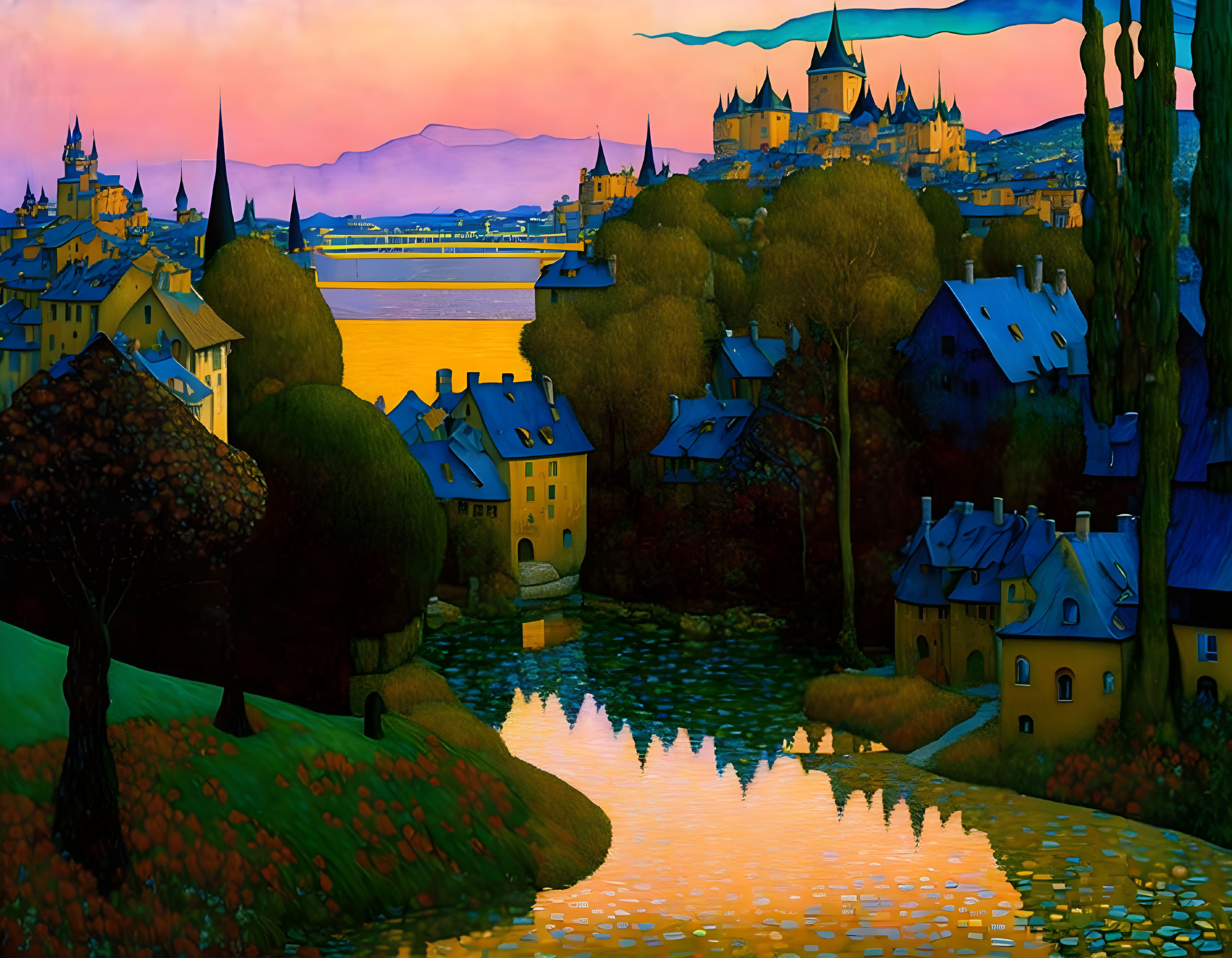 Stylized painting of picturesque town at sunset