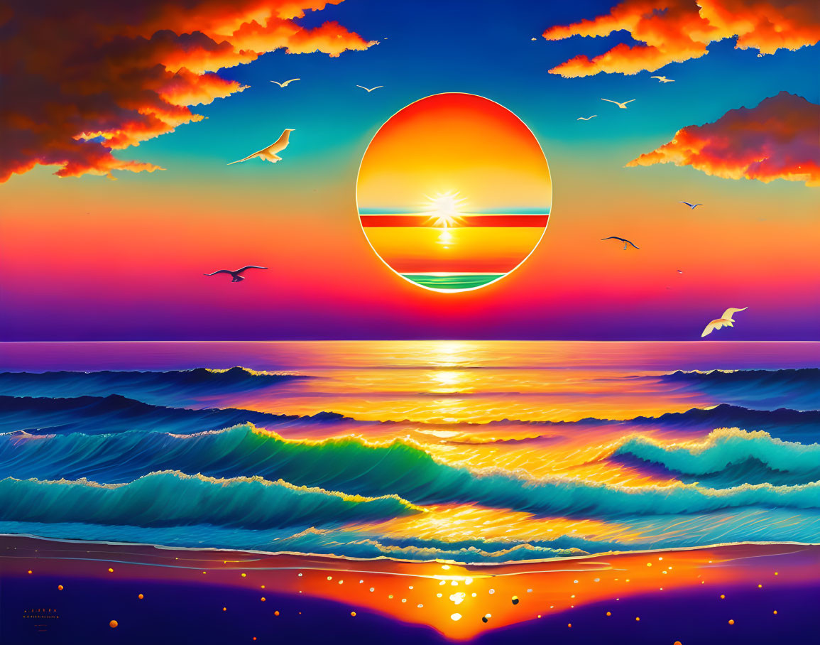 Colorful sunset digital artwork with circular focal point over ocean waves and flying birds.