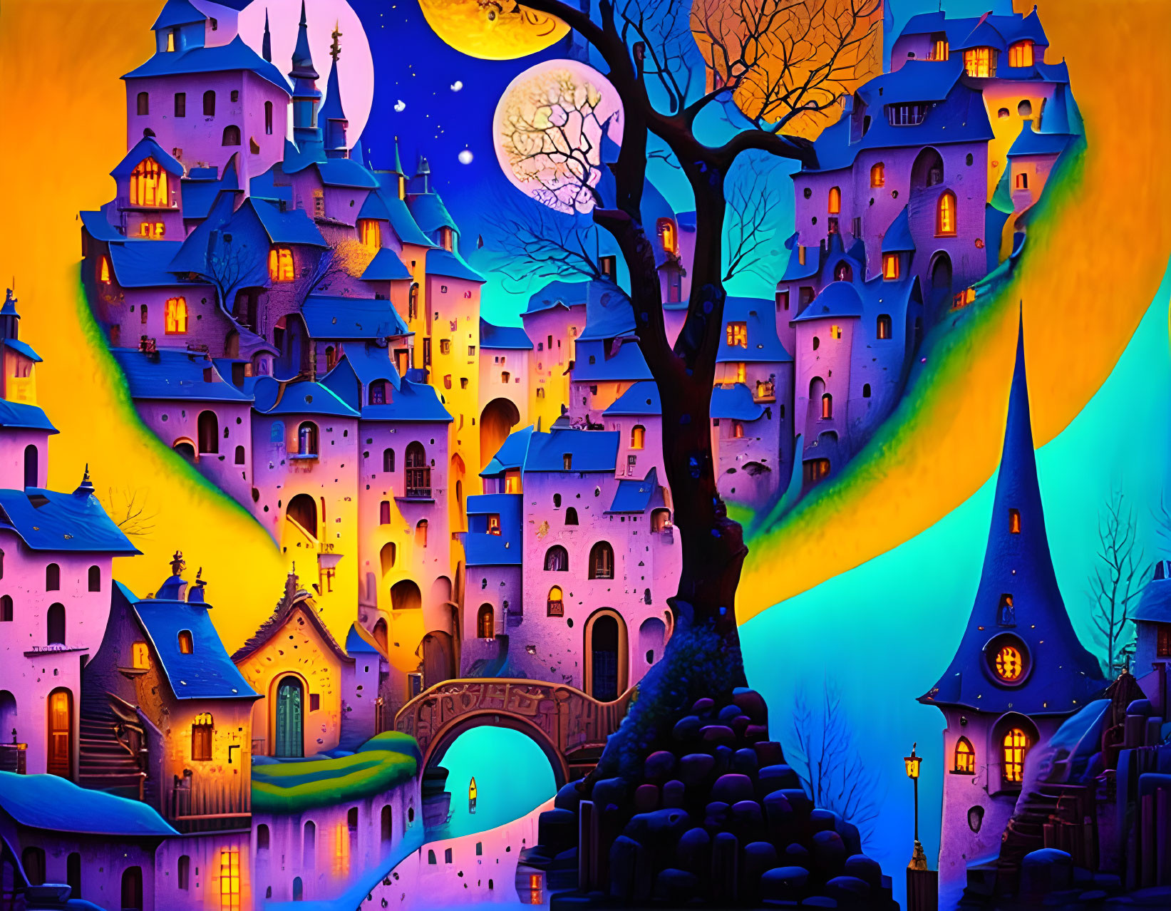 Colorful Fantasy Village with Whimsical Houses and Castles at Night